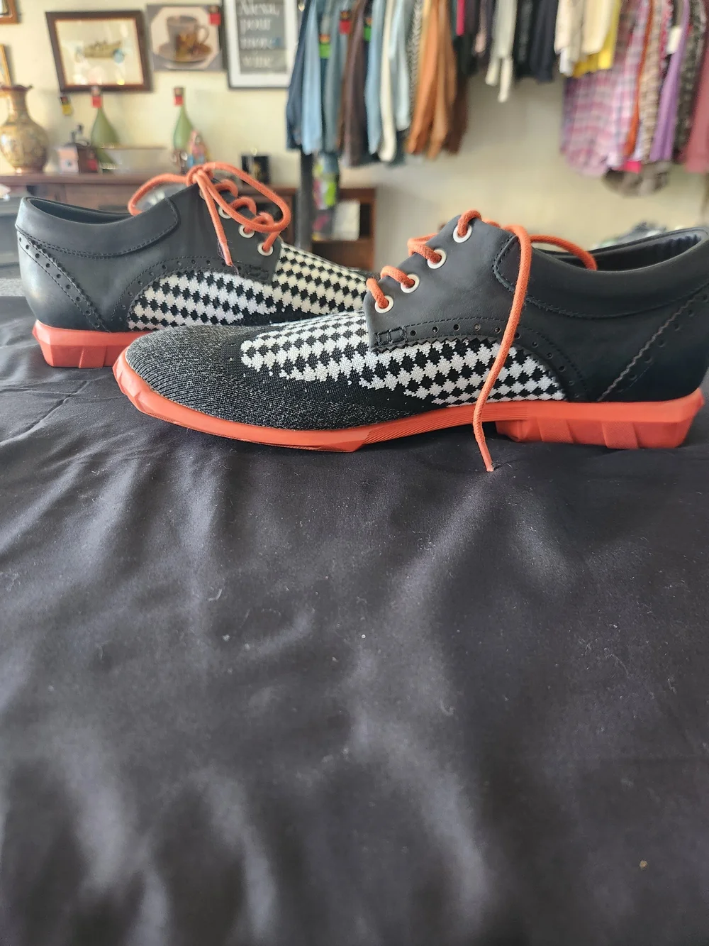 John Fluevog Black & Orange Knit Wingtip Sneakers